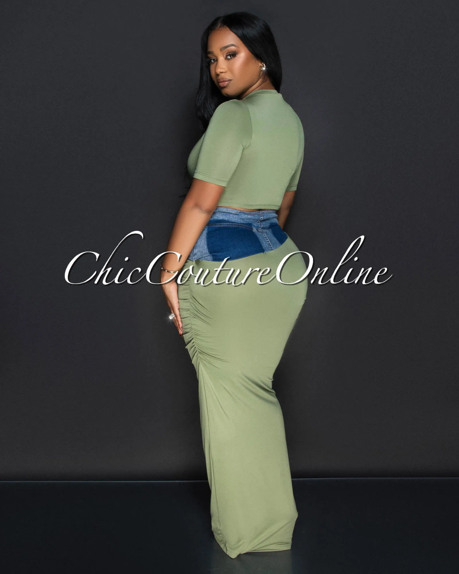 Parish Olive Green Blue Denim Crop Top & Maxi Skirt Set sold by Chic Couture product image thumbnail 3
