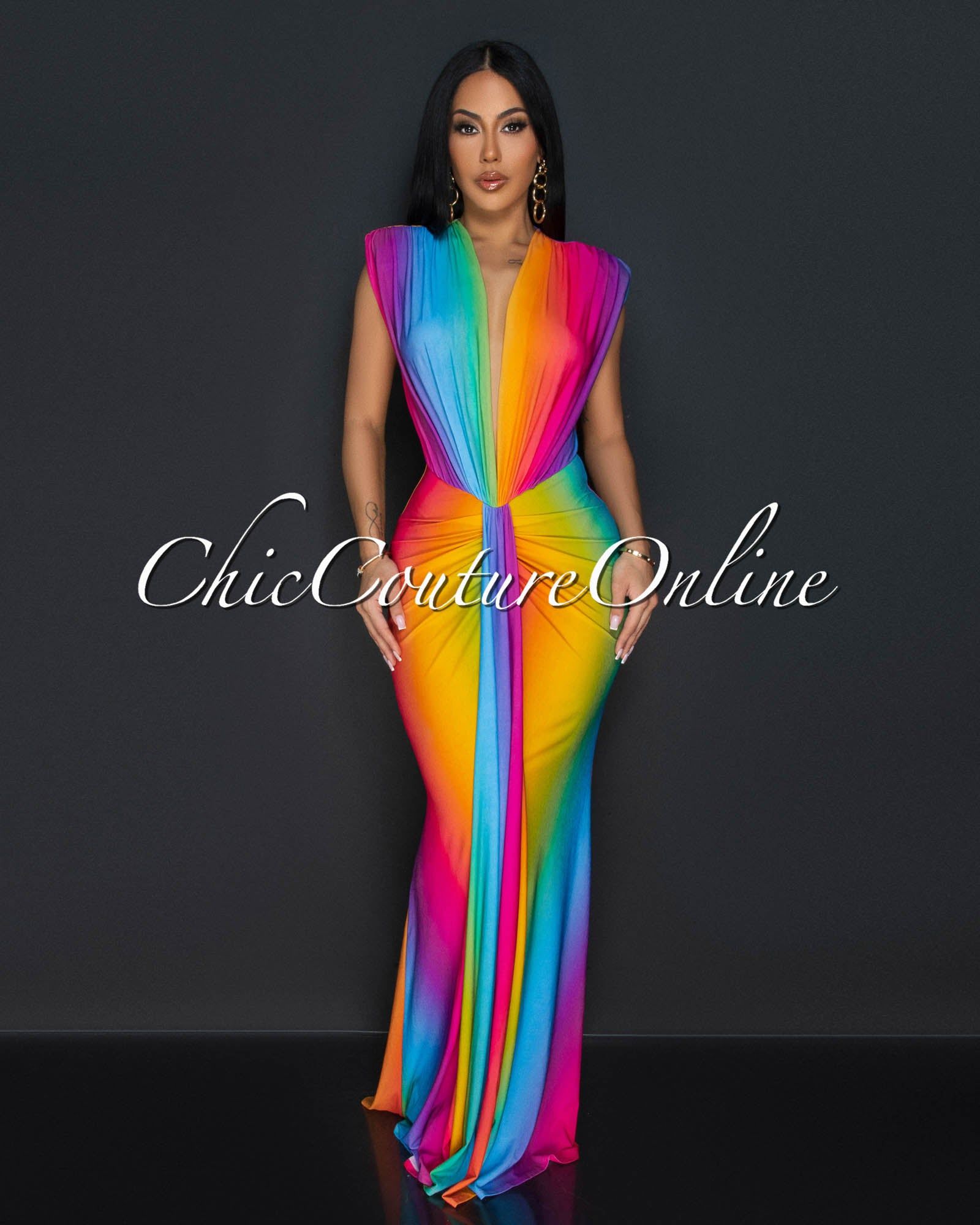 Amadi Watercolor Sleeveless Deep V Neck Maxi Dress sold by Chic Couture