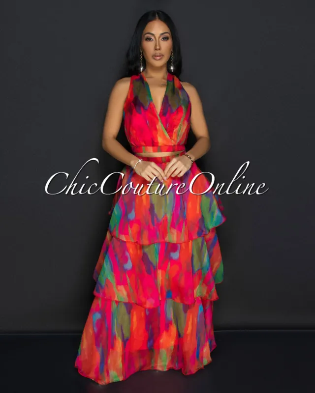 Donica Red Multi Print Crop Top & Tier Maxi Skirt Set sold by Chic Couture