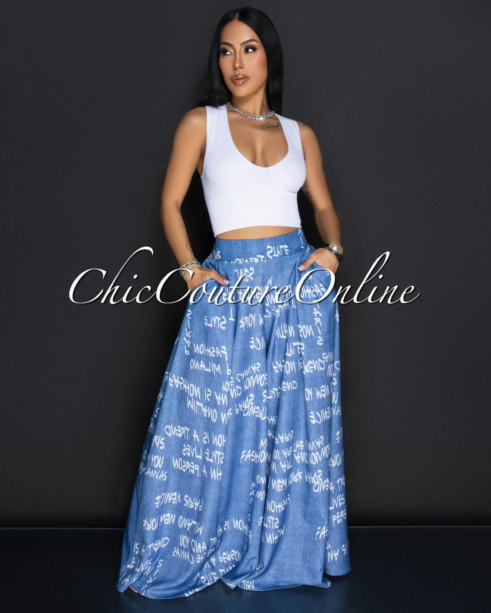 Jolina Blue White Print Palazzo Pants sold by Chic Couture