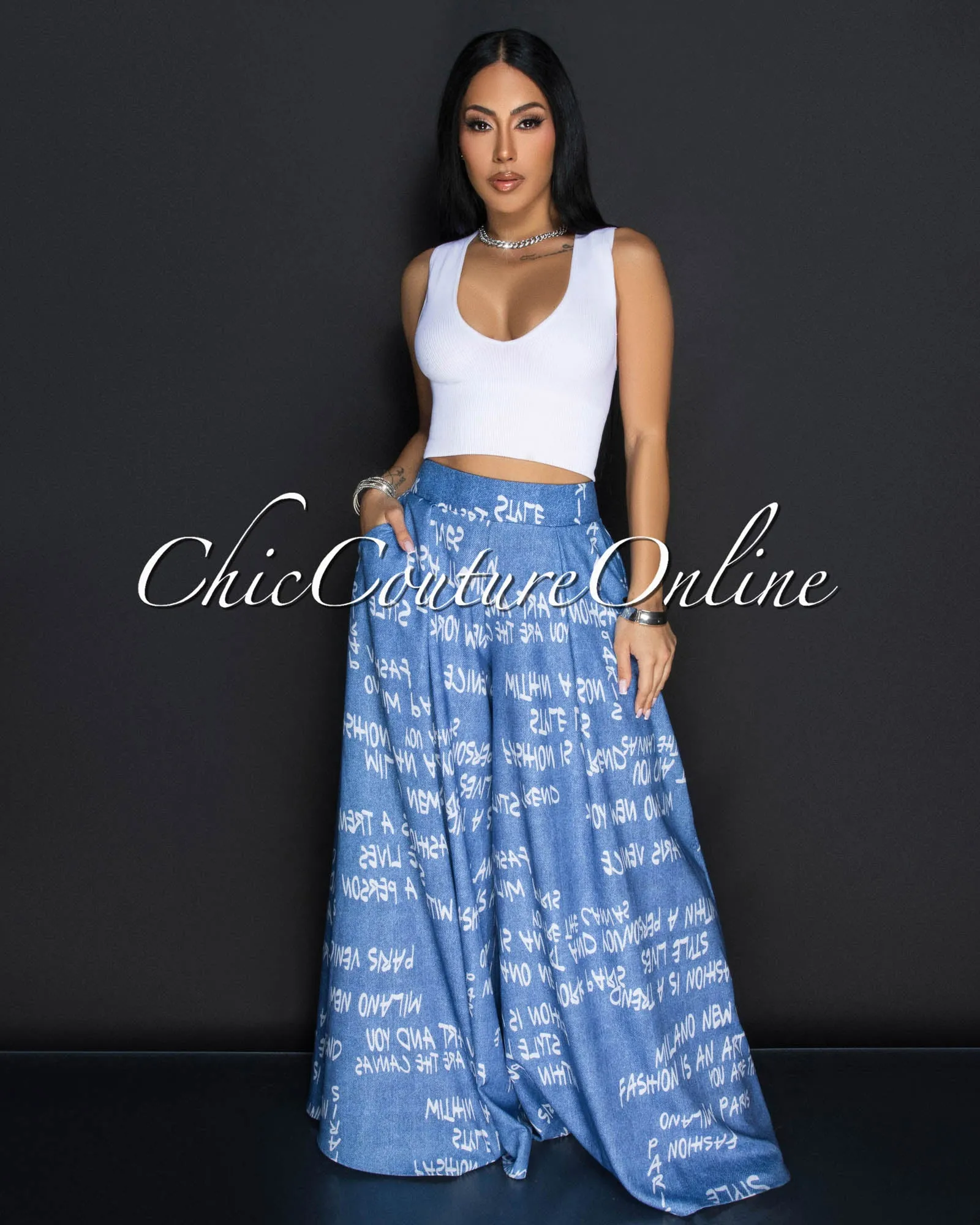 Jolina Blue White Print Palazzo Pants sold by Chic Couture product image thumbnail 2