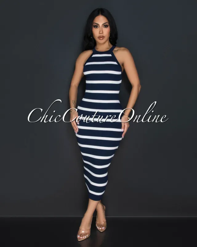Whitley Blue White Halter Ribbed Midi Dress sold by Chic Couture