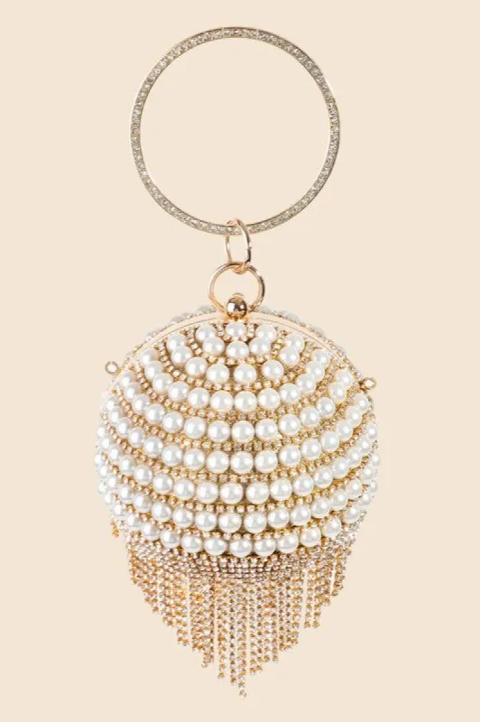 Disco Pearl Rhinestone Fringe Round Clutch Bag sold by Chic Couture