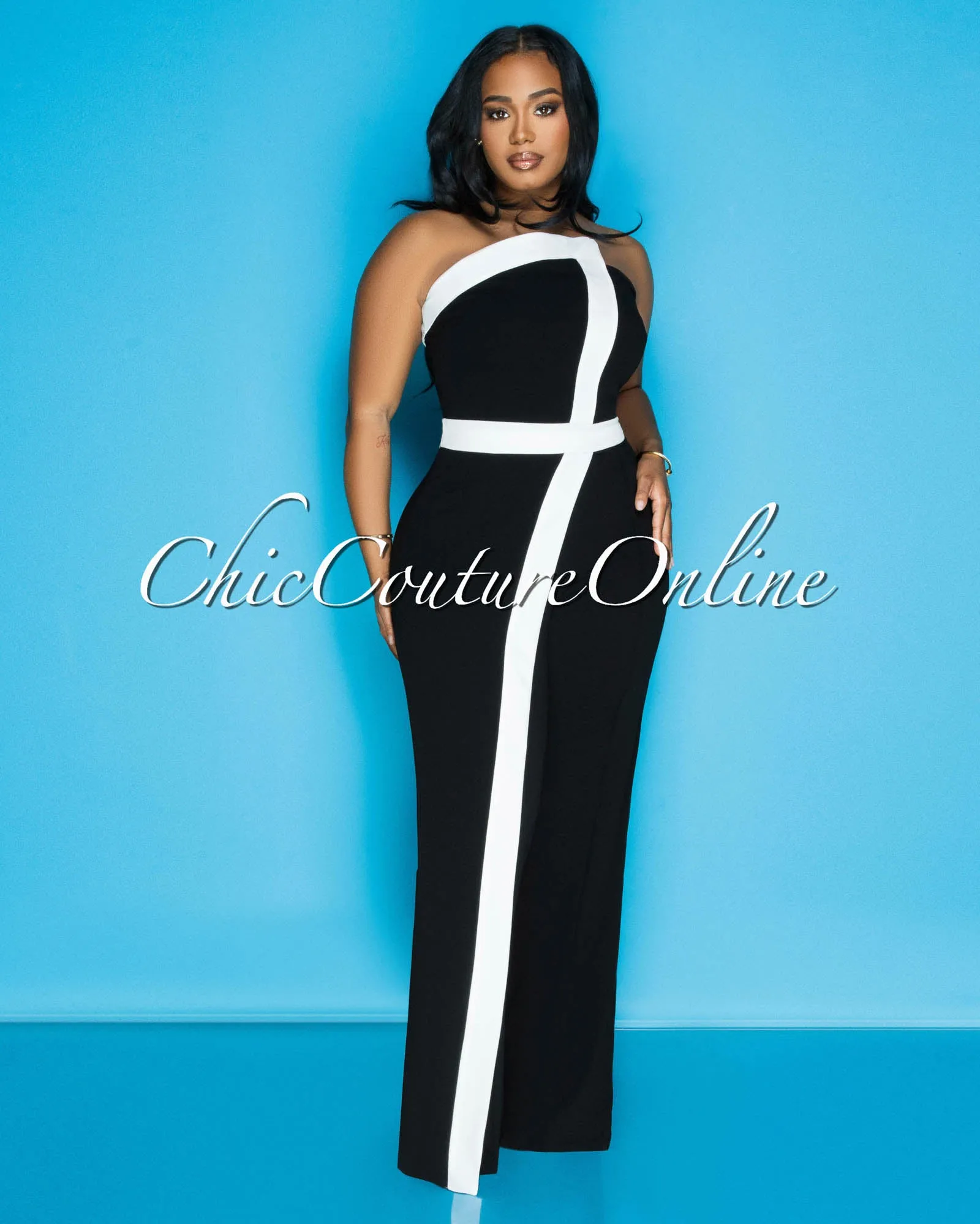 Nayoka Black White Strapless Jumpsuit sold by Chic Couture