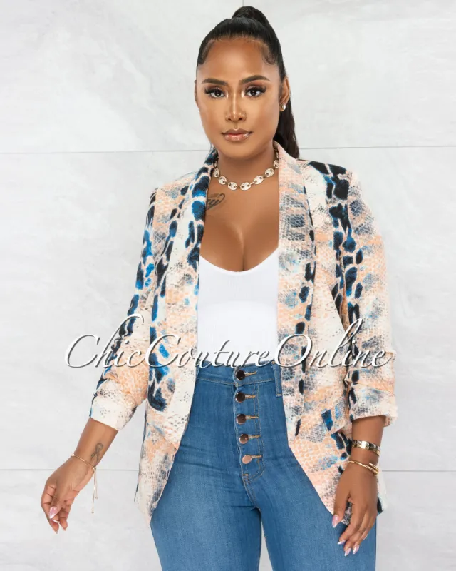 Aurelia Peach Black Snake Print Ruched Sleeves Blazer sold by Chic Couture