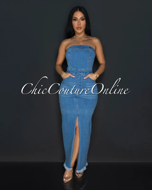 Jina Denim Strapless Front Slit Maxi Dress sold by Chic Couture