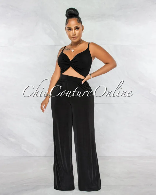 *Arabella Black Knot Crop Top & Wide Pants Shimmer Set sold by Chic Couture