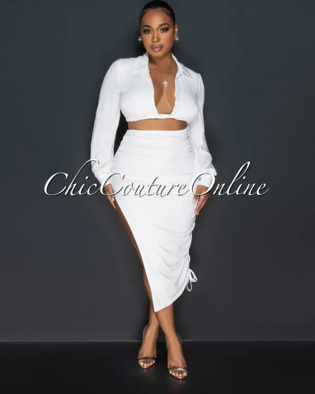 *Hanson Off-White Crop Top & Ruched Midi Skirt Set sold by Chic Couture