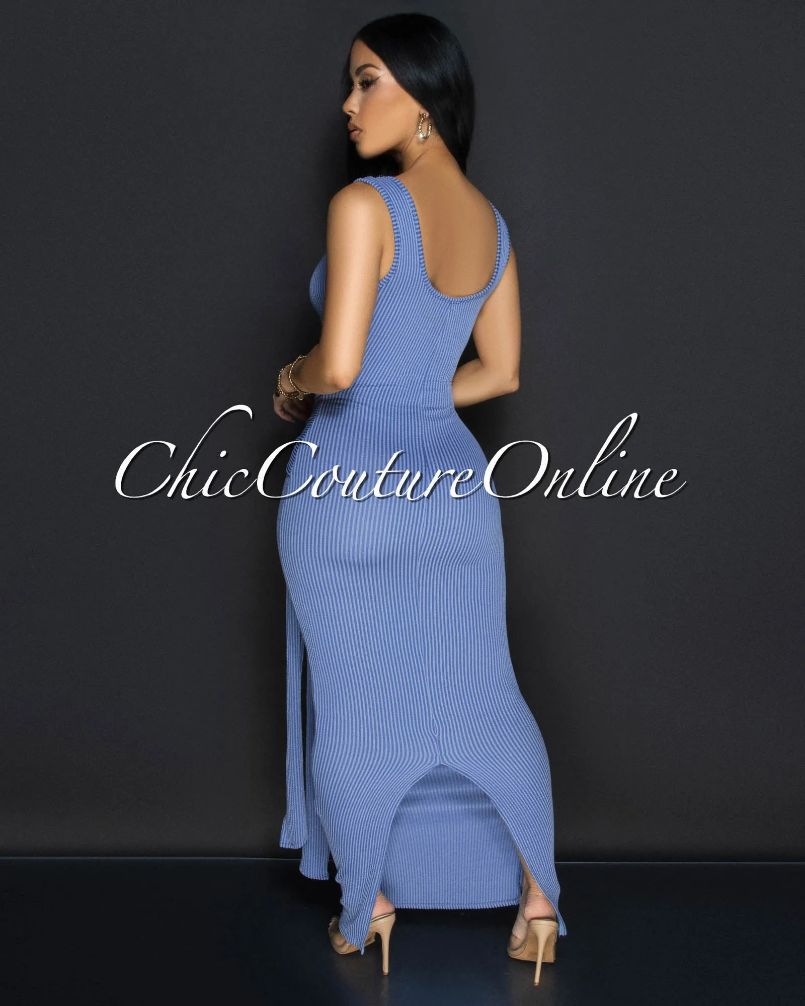 Aventine Slate Blue Ribbed Front Tie Maxi Dress sold by Chic Couture product image thumbnail 3