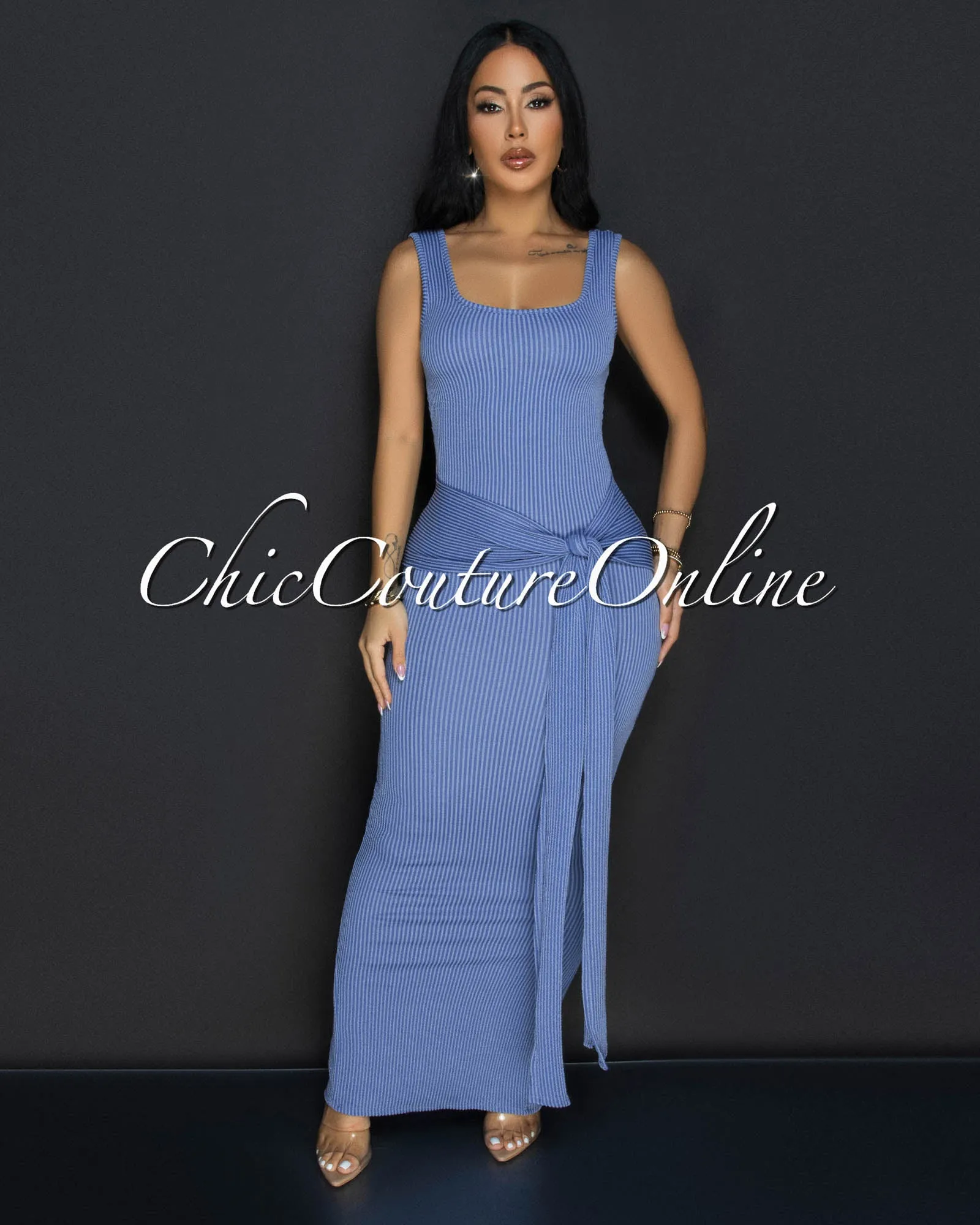Aventine Slate Blue Ribbed Front Tie Maxi Dress sold by Chic Couture product image thumbnail 2
