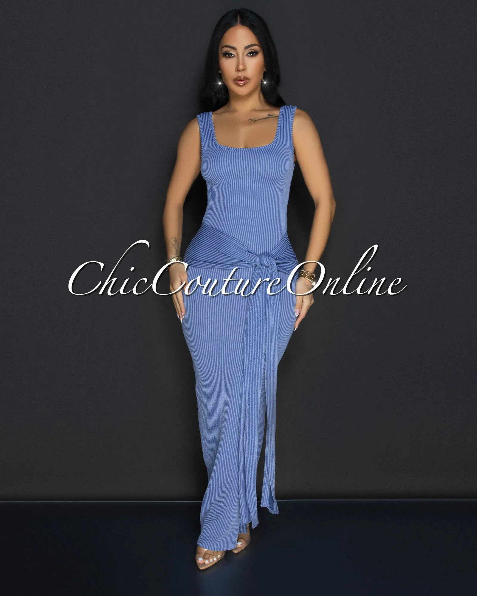 Aventine Slate Blue Ribbed Front Tie Maxi Dress sold by Chic Couture