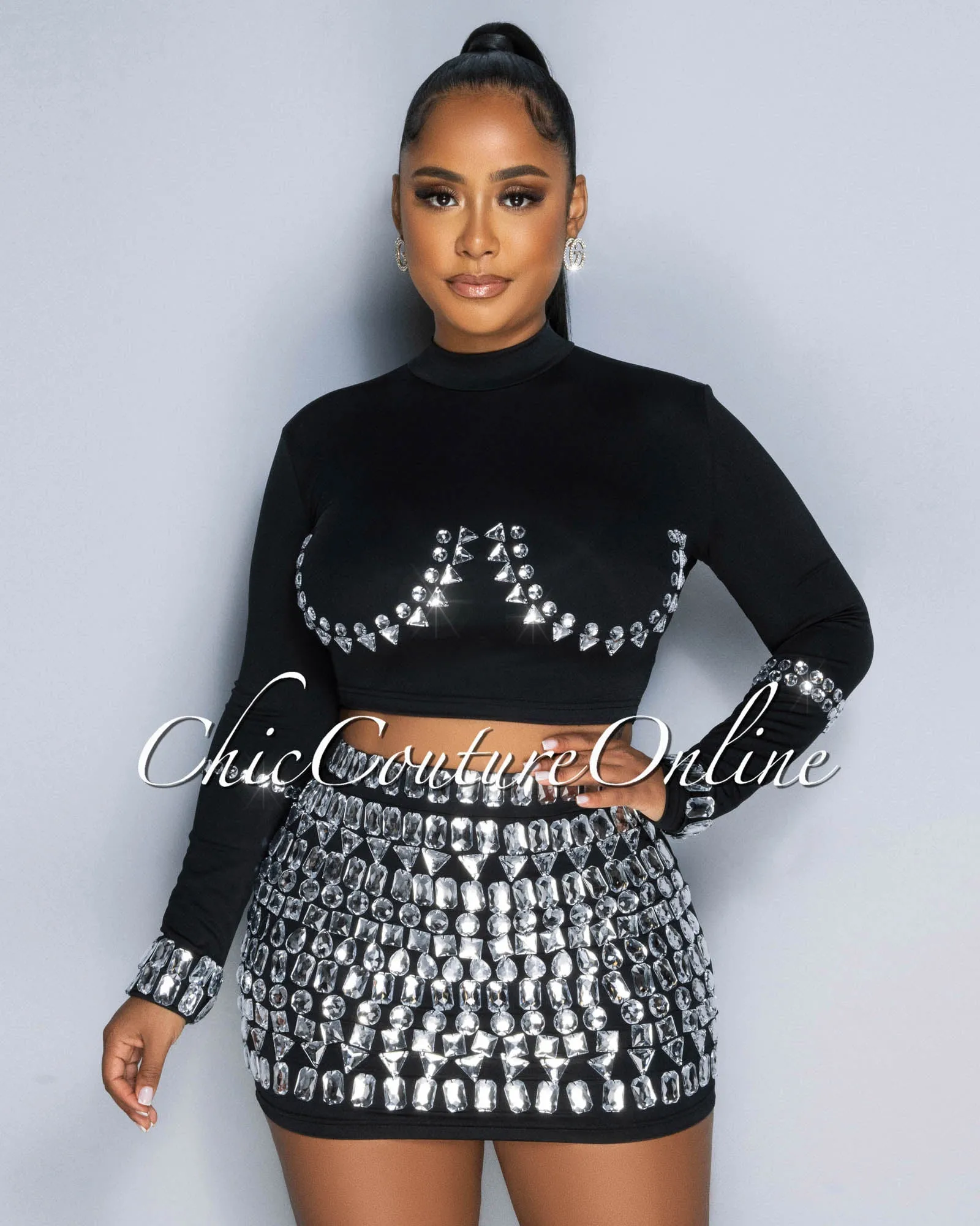 *Birka Black Rhinestones Crop Top & Mini Skirt Set sold by Chic Couture product image thumbnail 3