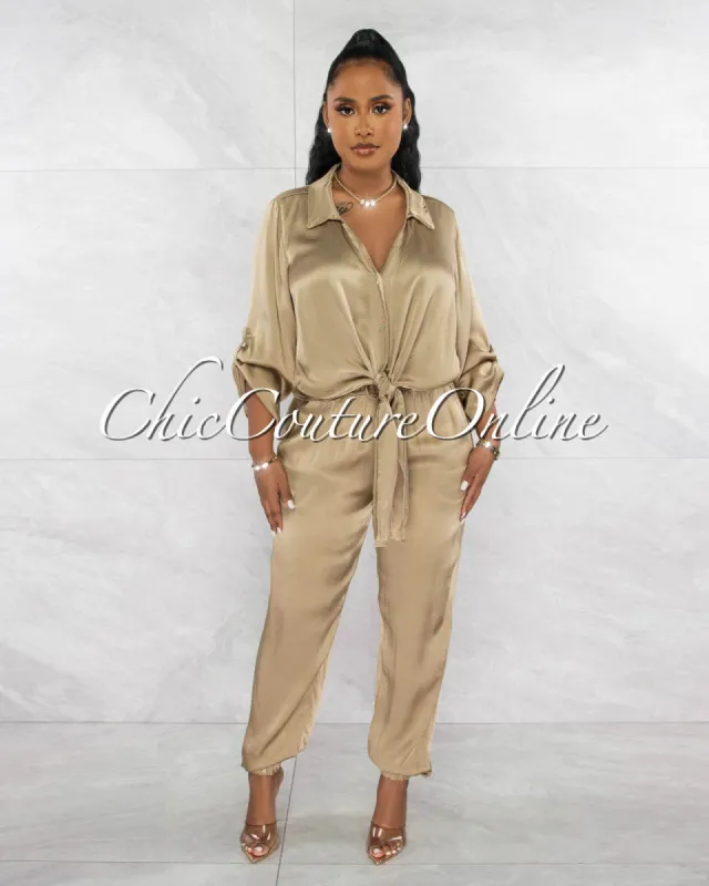 *Elliot Olive Front Tie Shirt & Joggers Silky Set sold by Chic Couture
