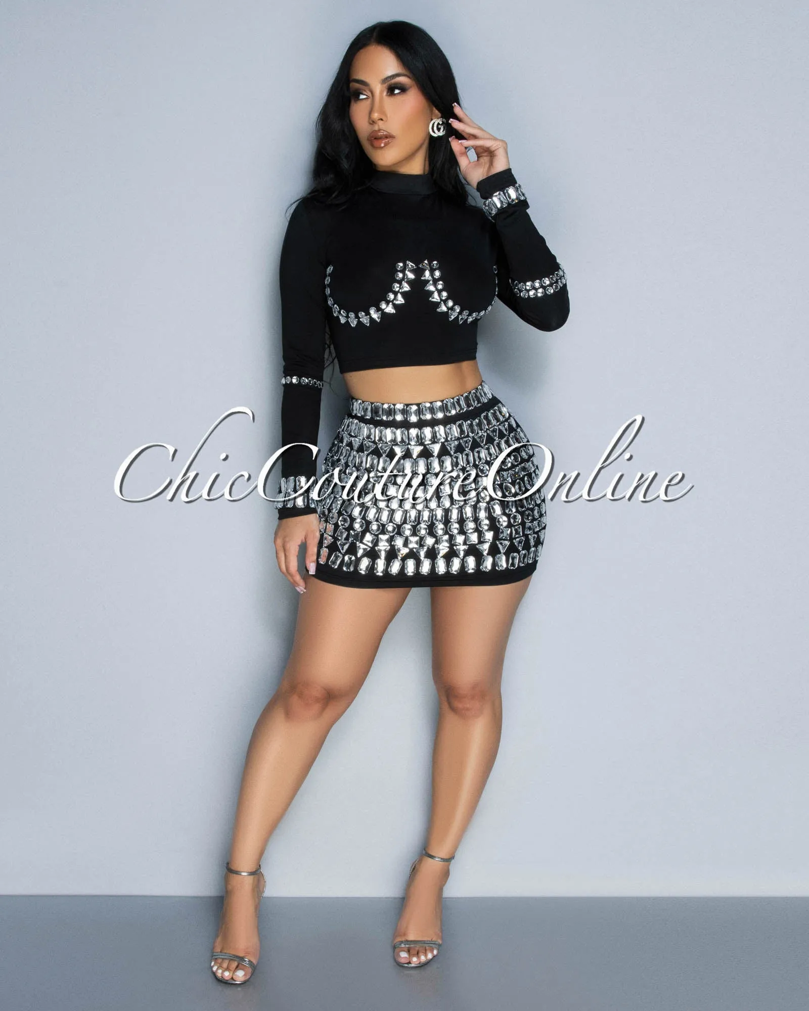 *Birka Black Rhinestones Crop Top & Mini Skirt Set sold by Chic Couture product image thumbnail 5