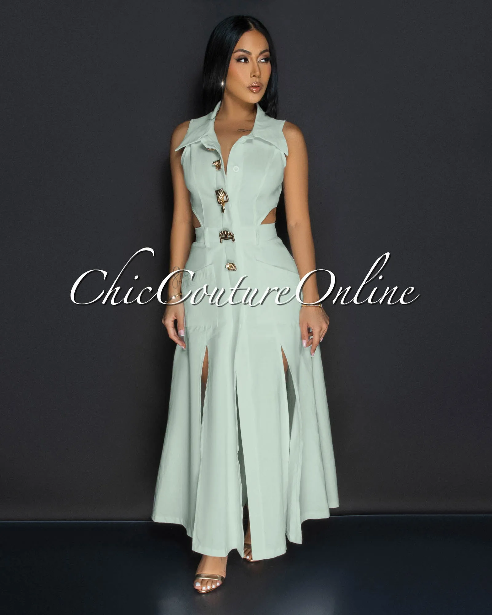 Livia Stone Blue Gold Buttons Midi Dress sold by Chic Couture product image thumbnail 2