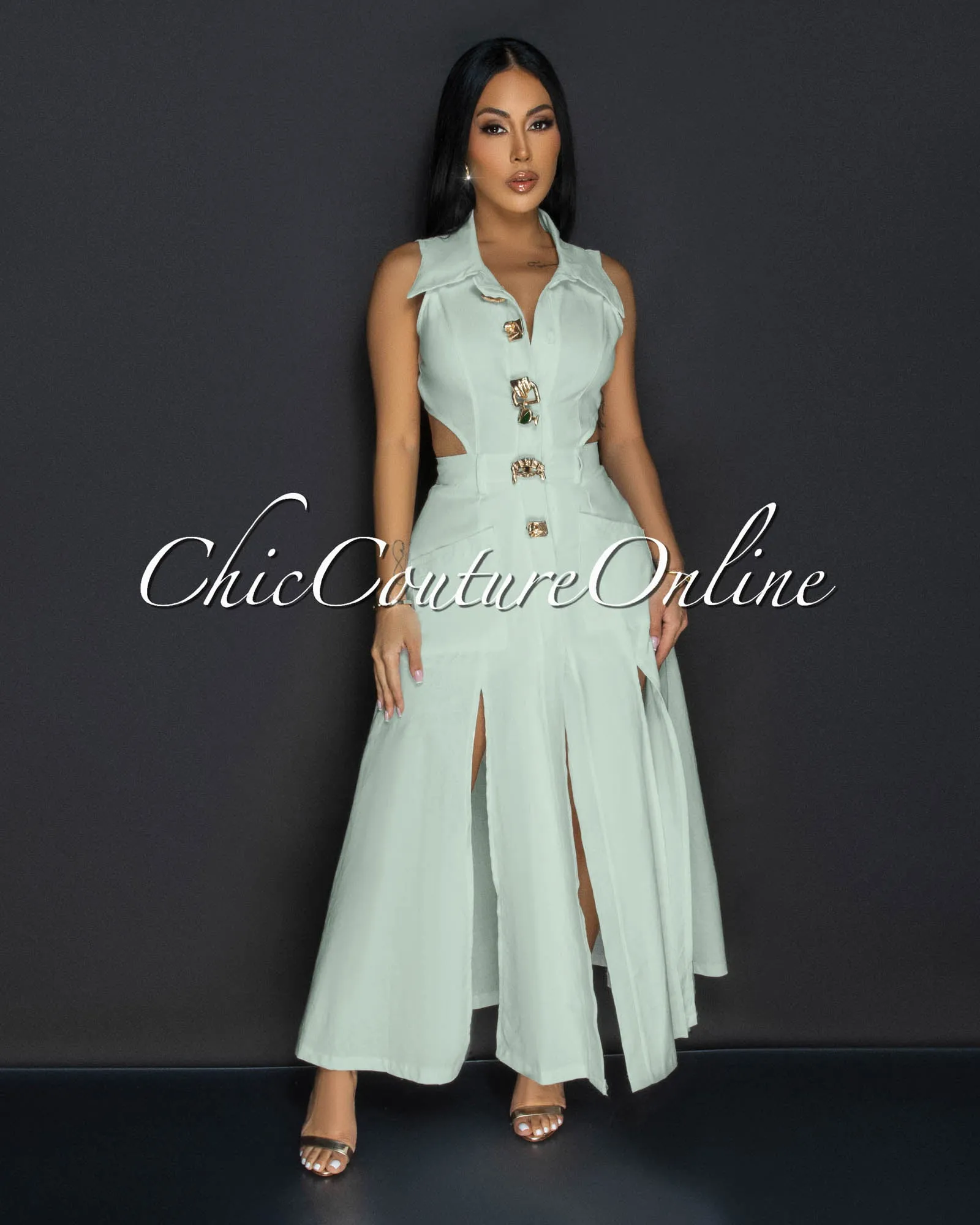 Livia Stone Blue Gold Buttons Midi Dress sold by Chic Couture