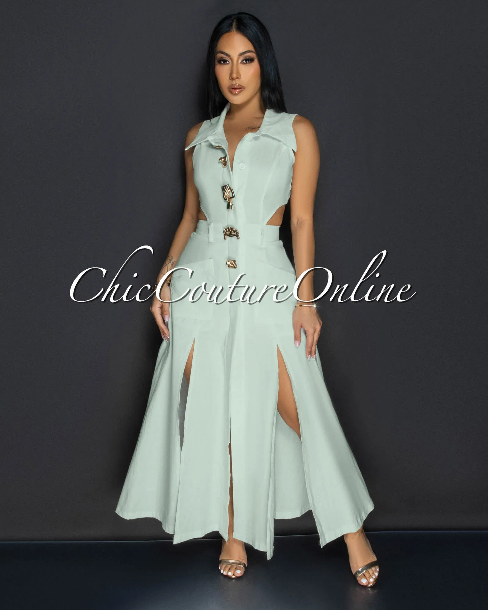 Livia Stone Blue Gold Buttons Midi Dress sold by Chic Couture product image thumbnail 3