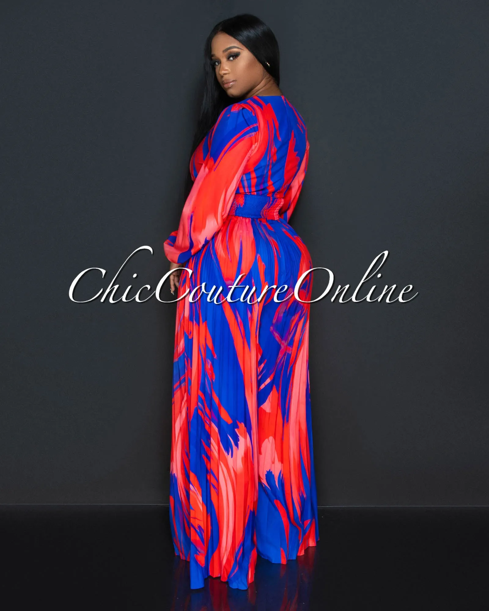 Inaya Blue Red Print Pleated Legs Jumpsuit sold by Chic Couture product image thumbnail 3