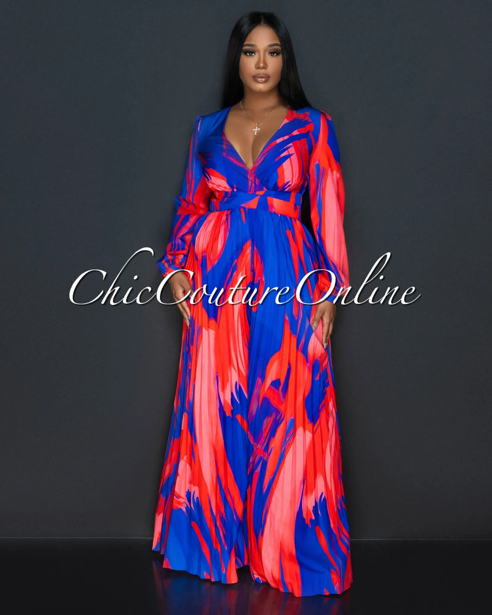 Inaya Blue Red Print Pleated Legs Jumpsuit sold by Chic Couture