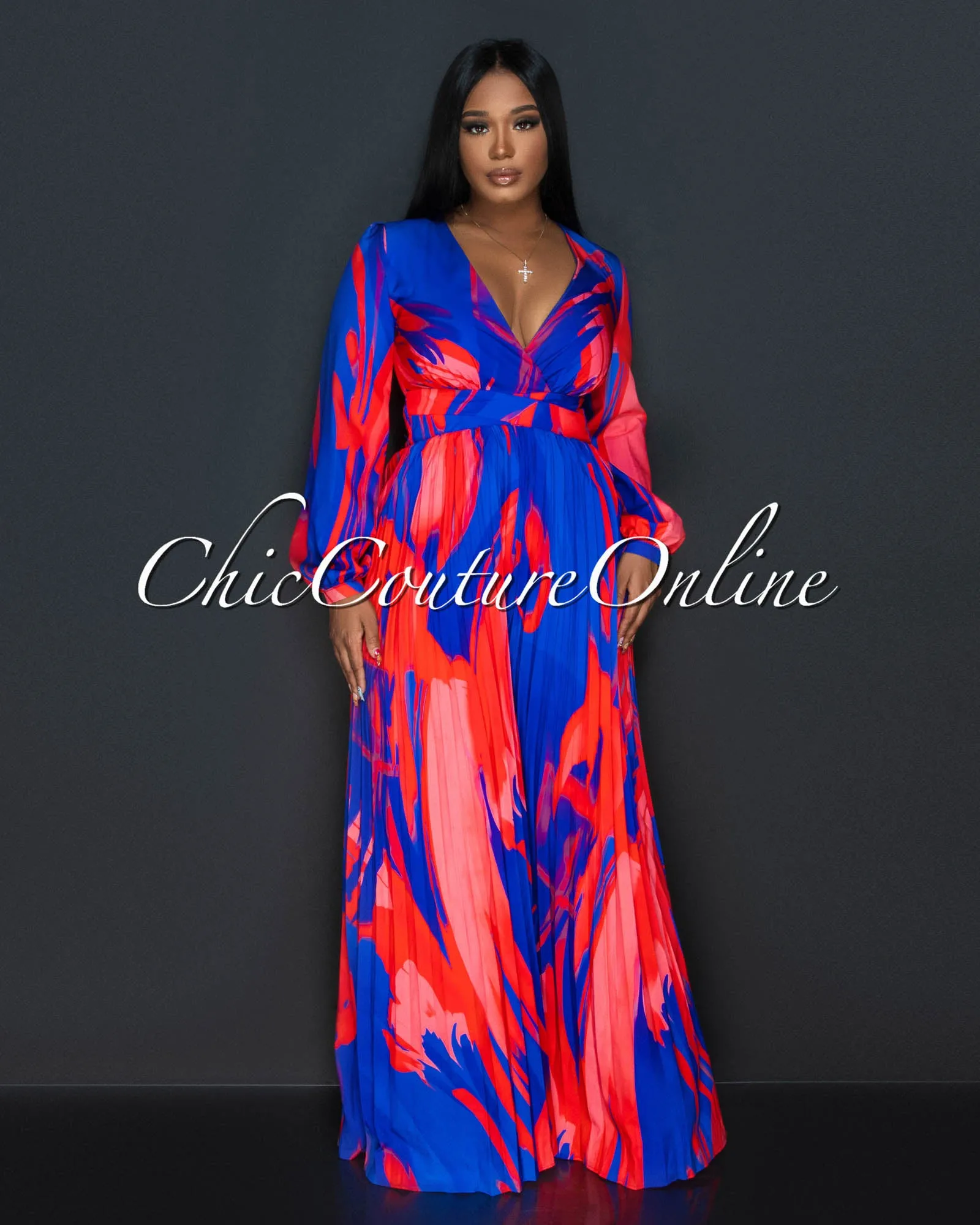 Inaya Blue Red Print Pleated Legs Jumpsuit sold by Chic Couture product image thumbnail 2