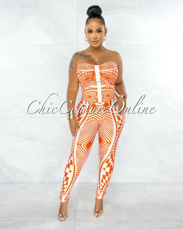 Lynna Orange White Crop Top & Corset Style Leggings Set sold by Chic Couture