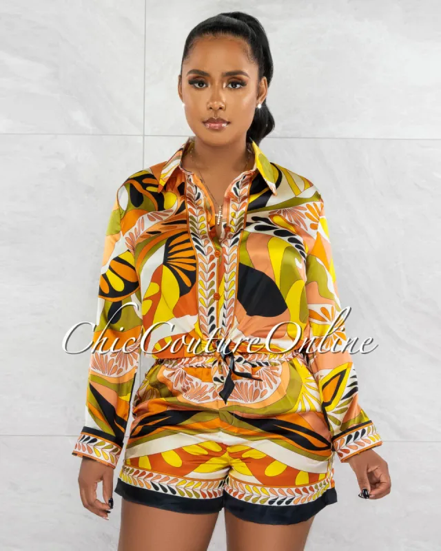 Belair Orange Multi-Color Print Shirt & Mini Shorts Silky Set sold by Chic Couture