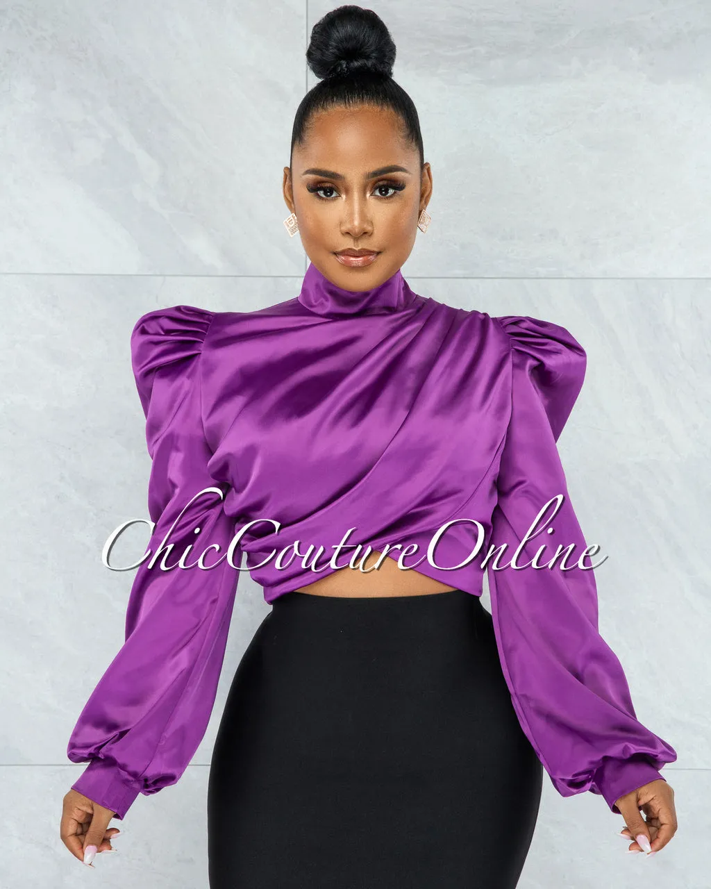 *Karishma Purple Luxe Satin Blouse sold by Chic Couture