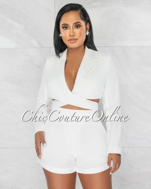 *Bianca Off-White Collared Cut-Out Waist Romper sold by Chic Couture