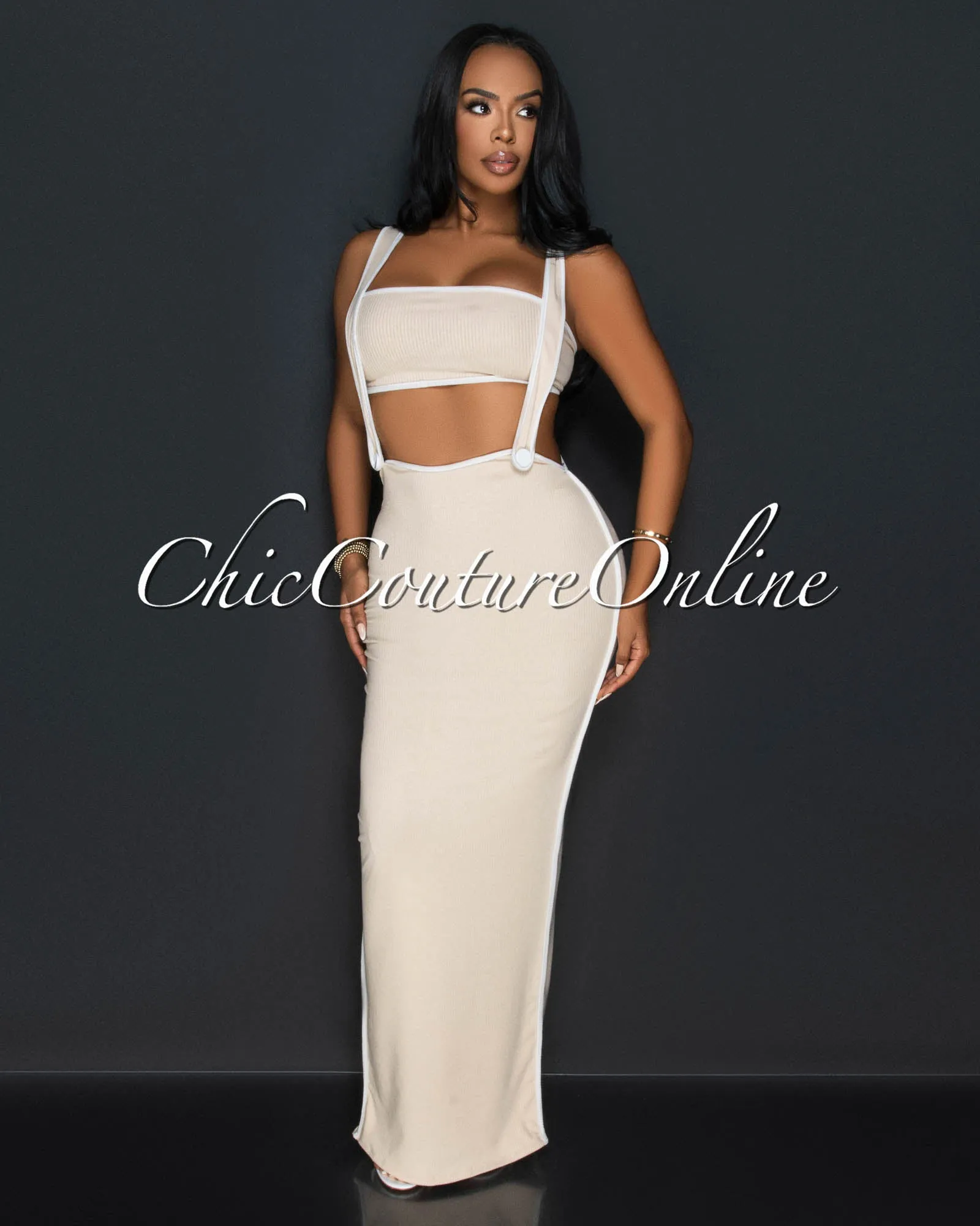 Ola Nude White Tube Crop Top & Overall Skirt Set sold by Chic Couture product image thumbnail 3