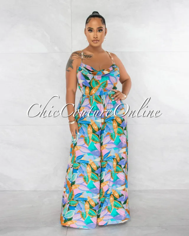 *Camielle Multi-Color Leaf Print Gold Link Straps Jumpsuit sold by Chic Couture