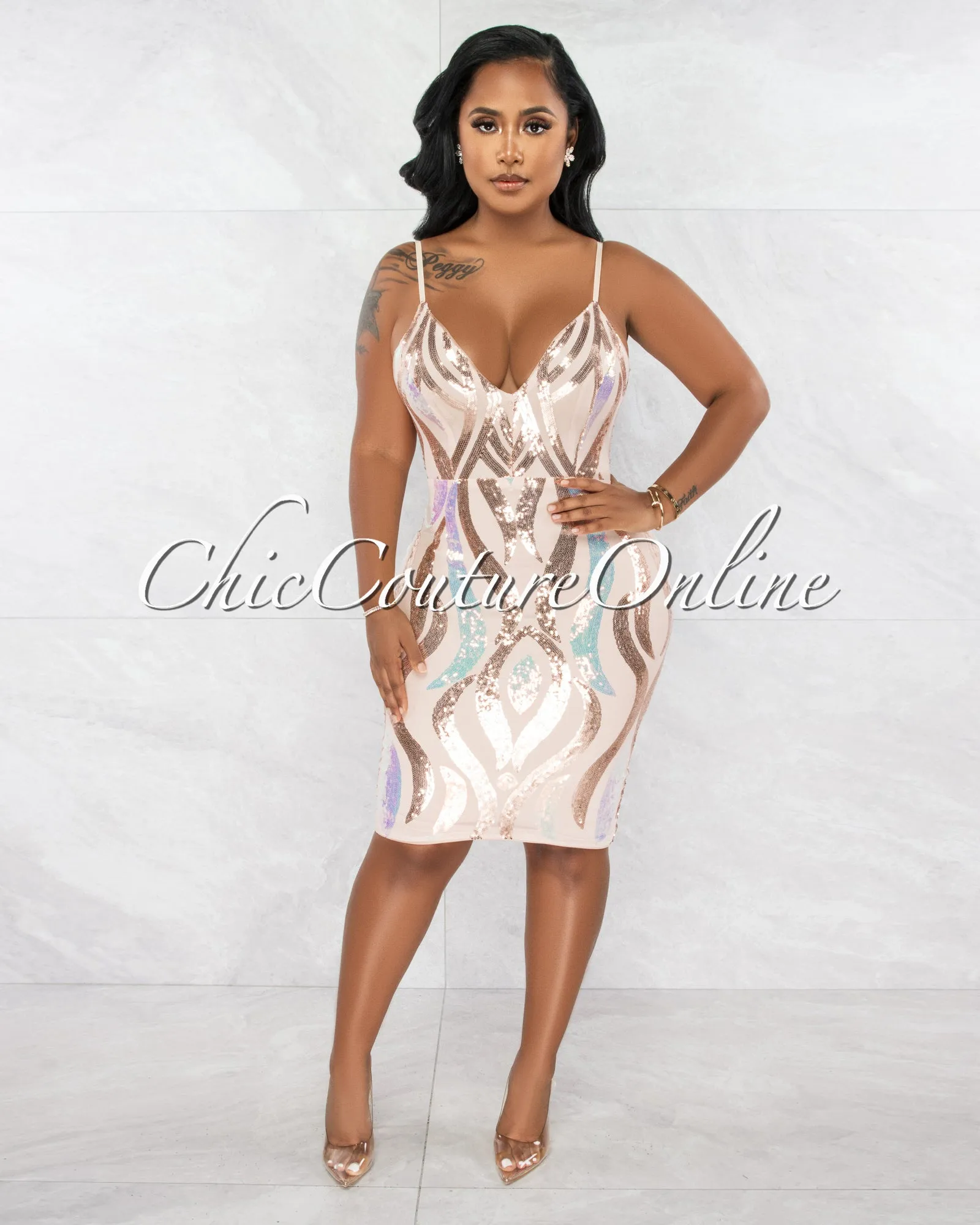 *Lowena Nude Iridescent Sequins Midi Dress sold by Chic Couture product image thumbnail 2