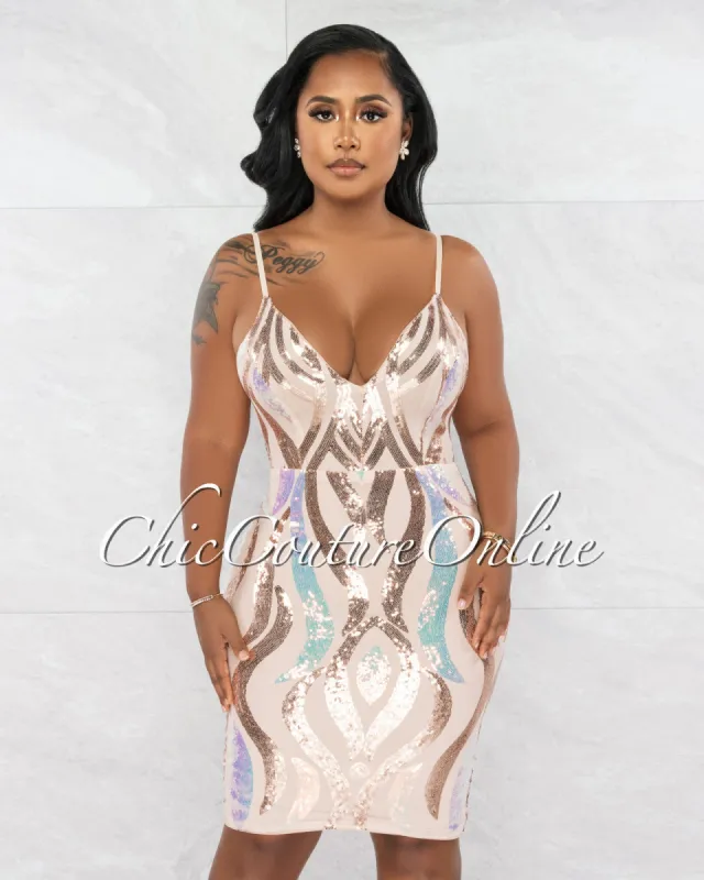 *Lowena Nude Iridescent Sequins Midi Dress sold by Chic Couture