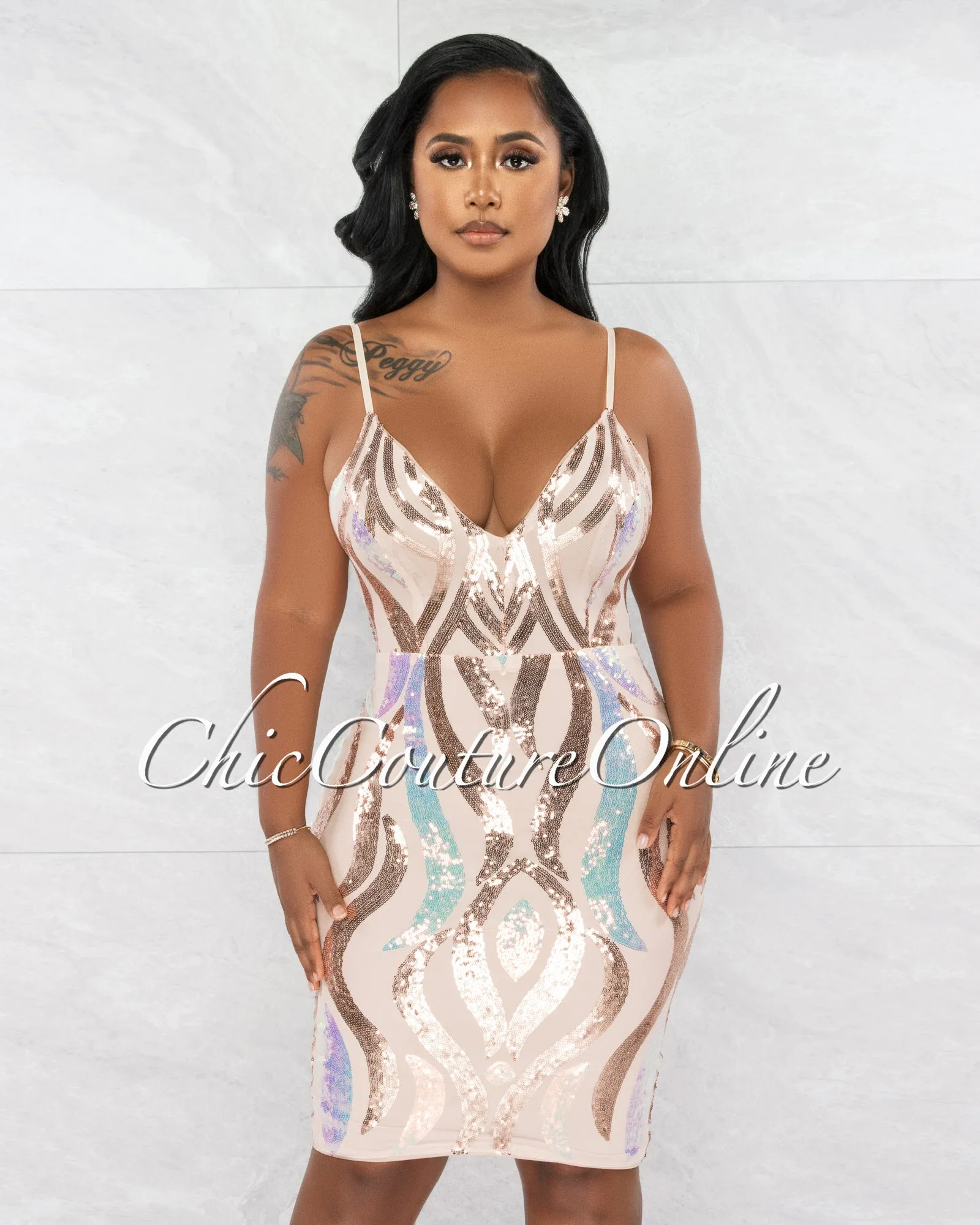 *Lowena Nude Iridescent Sequins Midi Dress sold by Chic Couture