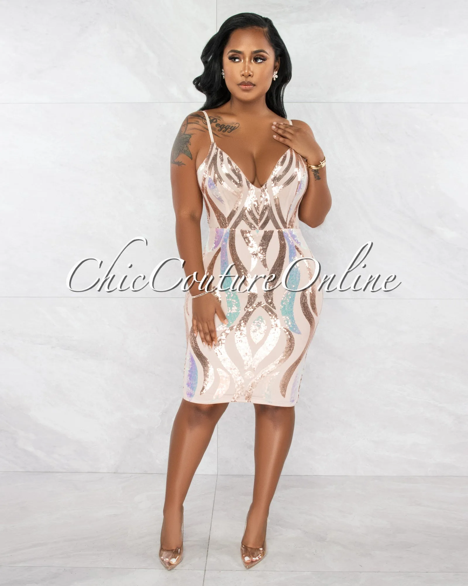 *Lowena Nude Iridescent Sequins Midi Dress sold by Chic Couture product image thumbnail 3