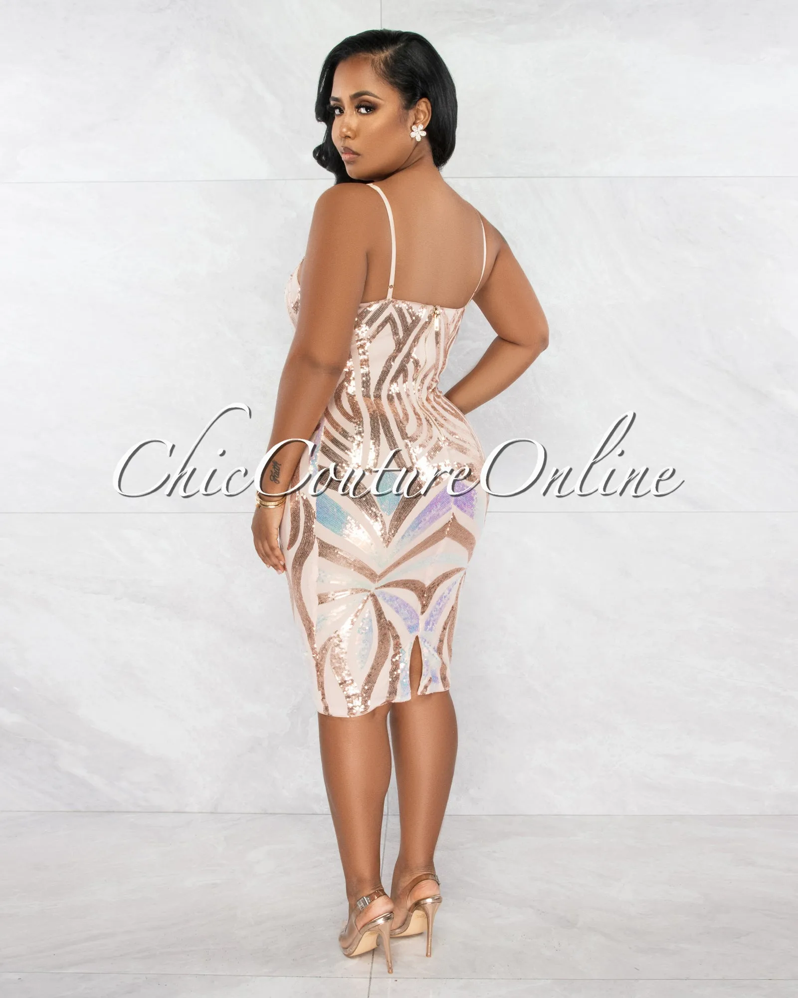 *Lowena Nude Iridescent Sequins Midi Dress sold by Chic Couture product image thumbnail 4