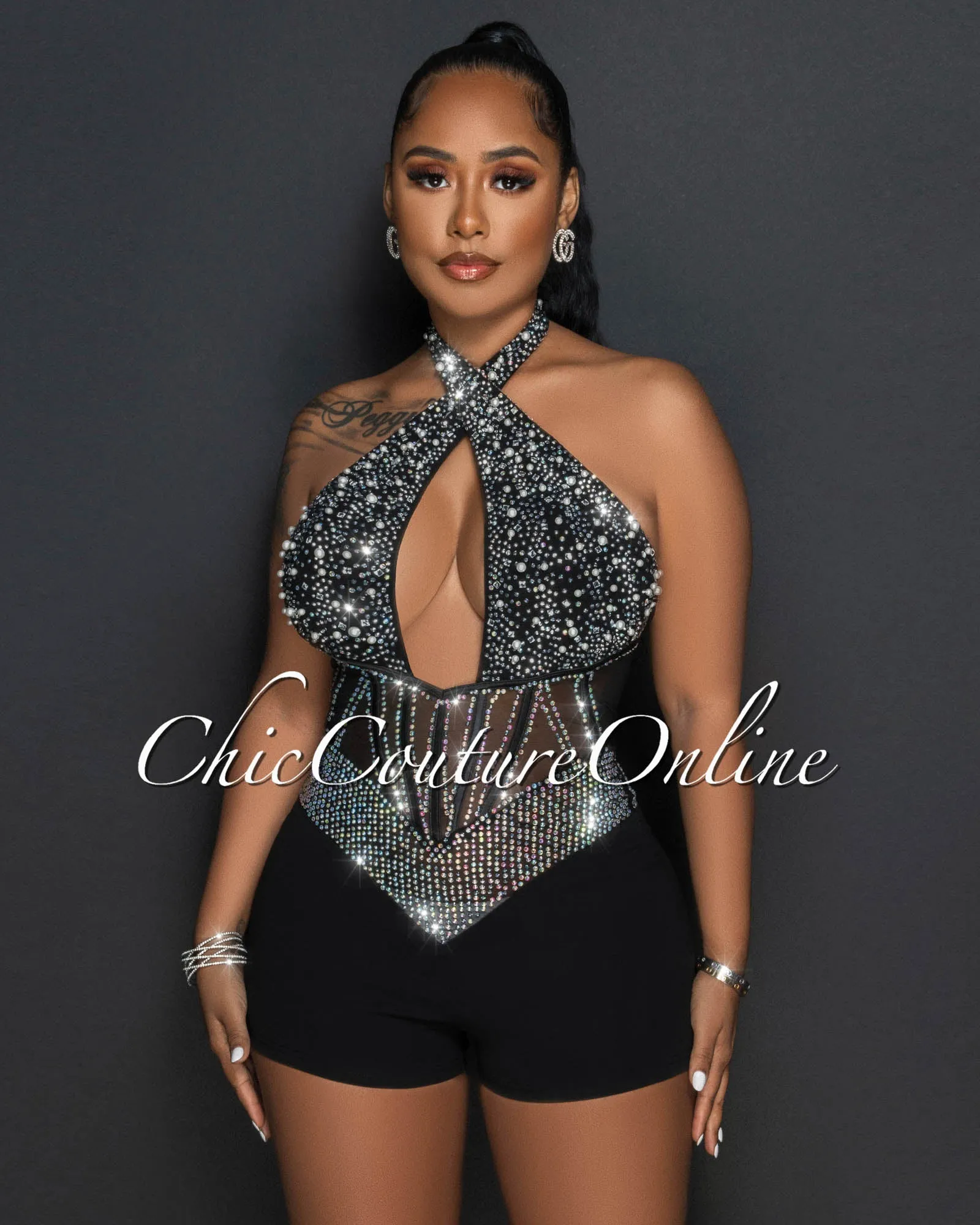 *Gregor Black Mesh Iridescent Rhinestones Halter Romper sold by Chic Couture product image thumbnail 4