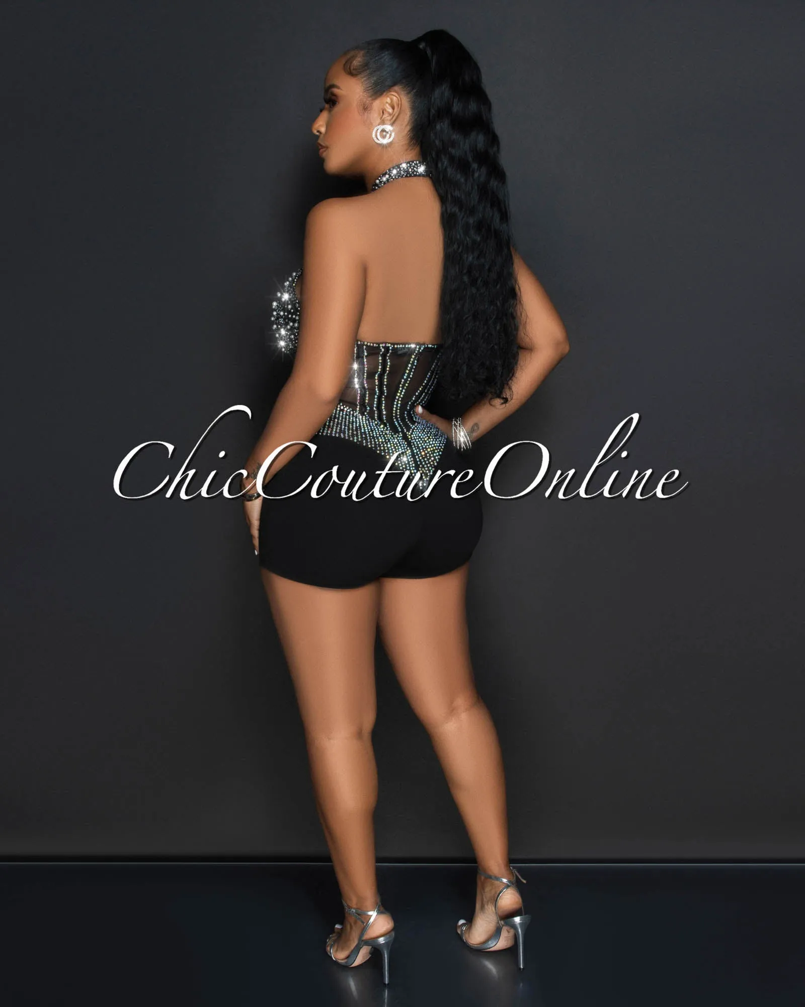 *Gregor Black Mesh Iridescent Rhinestones Halter Romper sold by Chic Couture product image thumbnail 3
