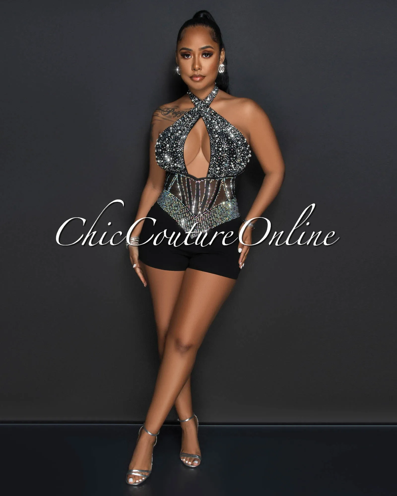 *Gregor Black Mesh Iridescent Rhinestones Halter Romper sold by Chic Couture