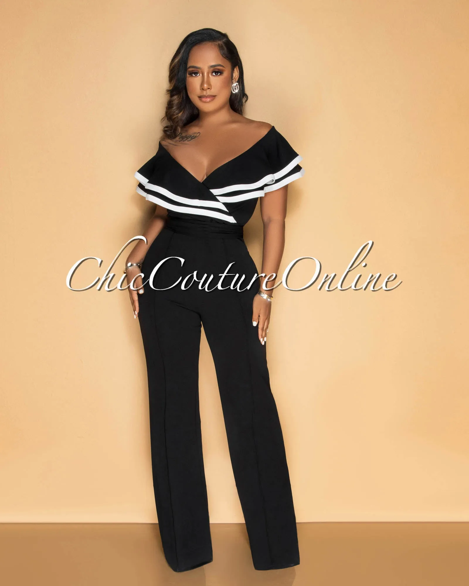Mara Black White Trim Ruffle Bust Jumpsuit sold by Chic Couture product image thumbnail 2
