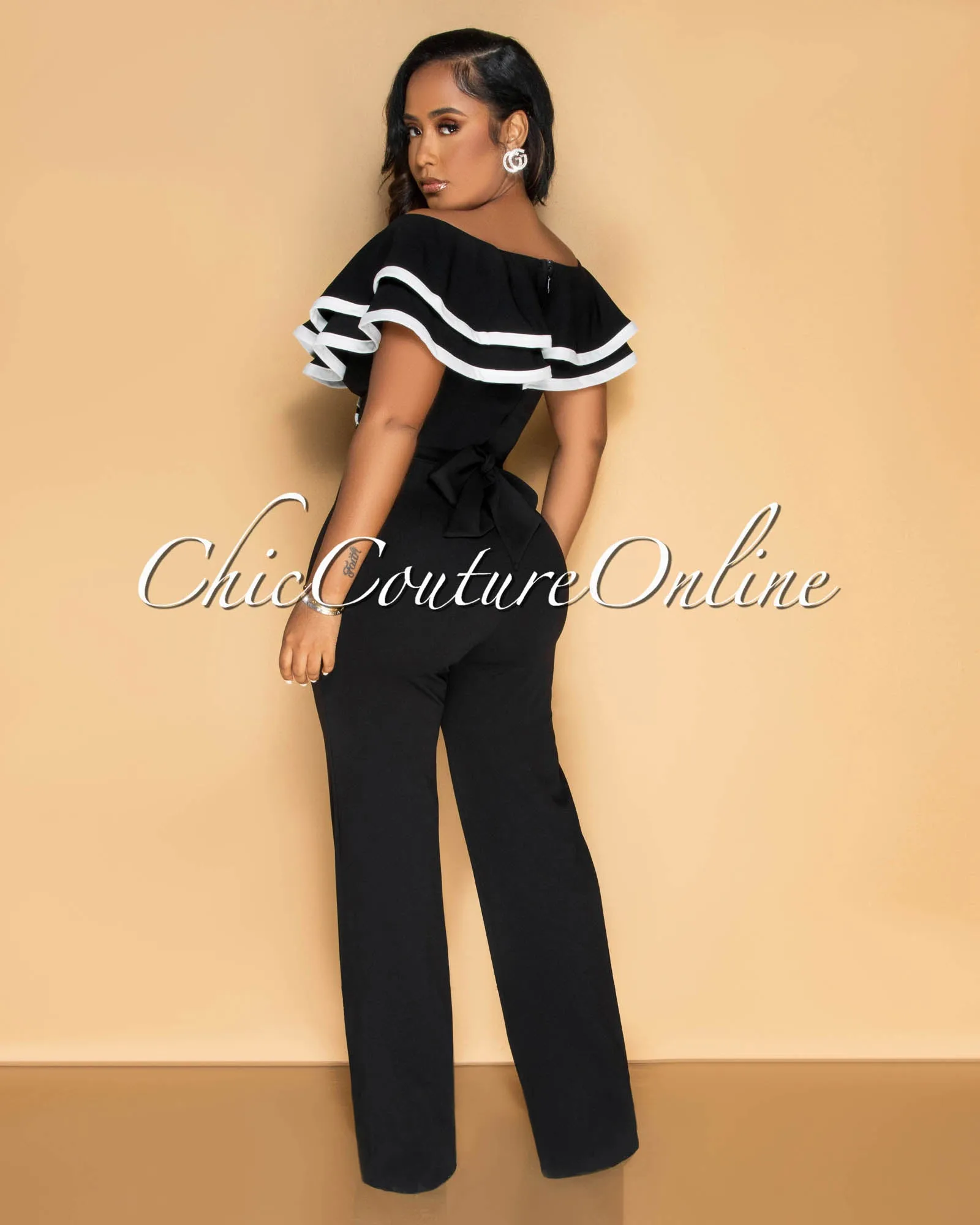 Mara Black White Trim Ruffle Bust Jumpsuit sold by Chic Couture product image thumbnail 3