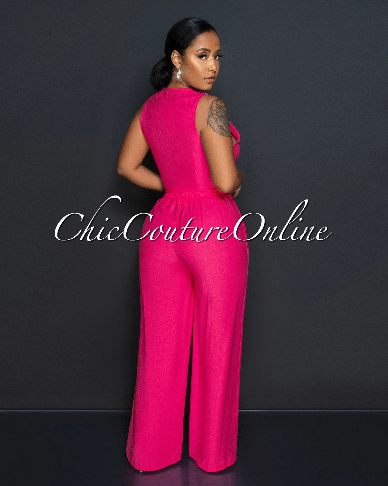 Orene Fuchsia Buttons Crop Top & Wide Pants Set sold by Chic Couture product image thumbnail 3