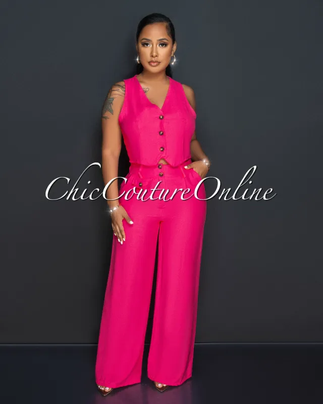 Orene Fuchsia Buttons Crop Top & Wide Pants Set sold by Chic Couture