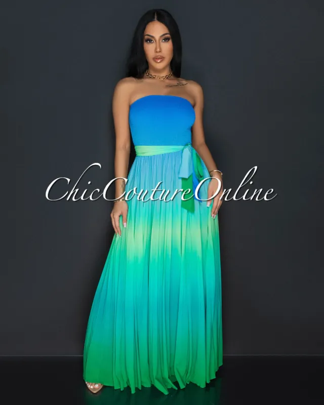 Saphira Blue Green Ombre Strapless Pleated Maxi Dress sold by Chic Couture