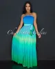 Saphira Blue Green Ombre Strapless Pleated Maxi Dress sold by Chic Couture