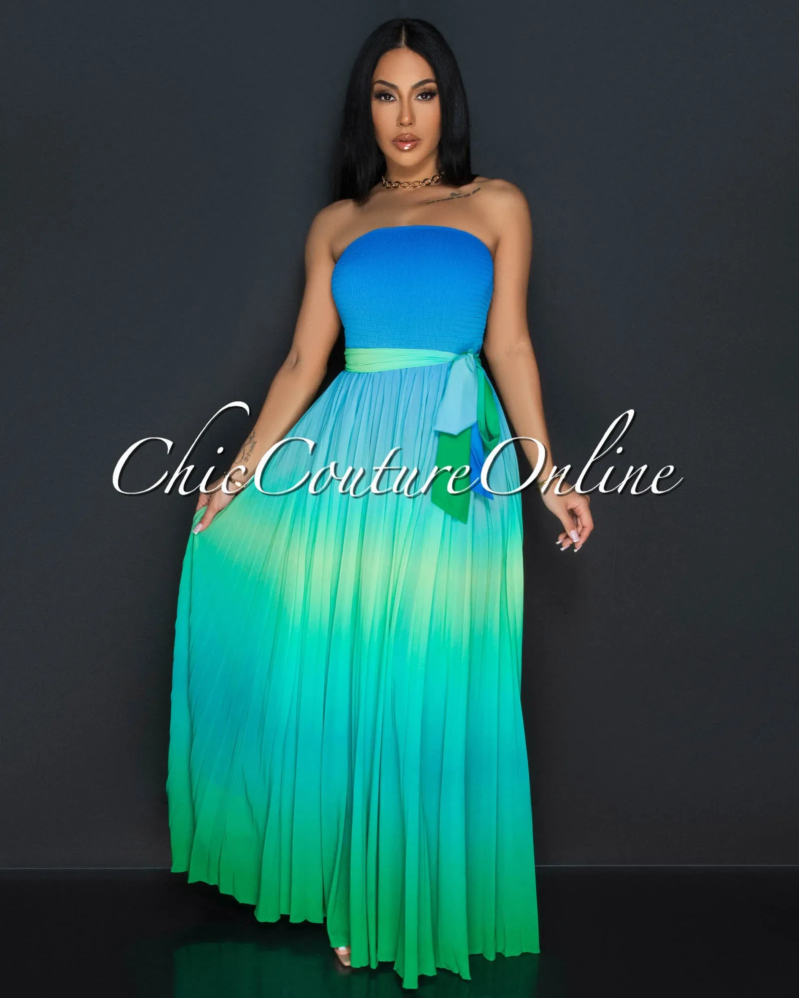 Saphira Blue Green Ombre Strapless Pleated Maxi Dress sold by Chic Couture product image thumbnail 3