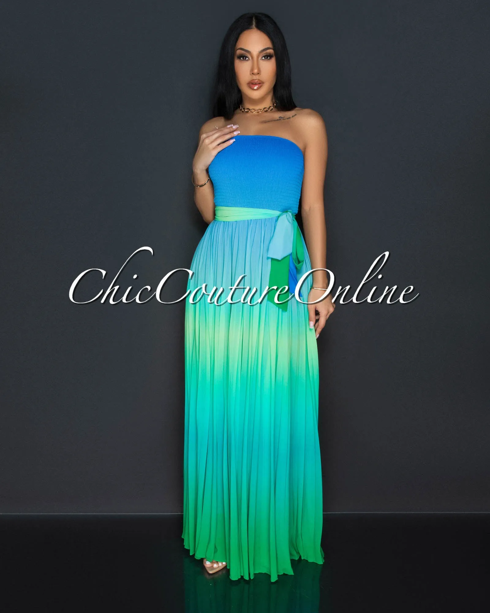 Saphira Blue Green Ombre Strapless Pleated Maxi Dress sold by Chic Couture product image thumbnail 2
