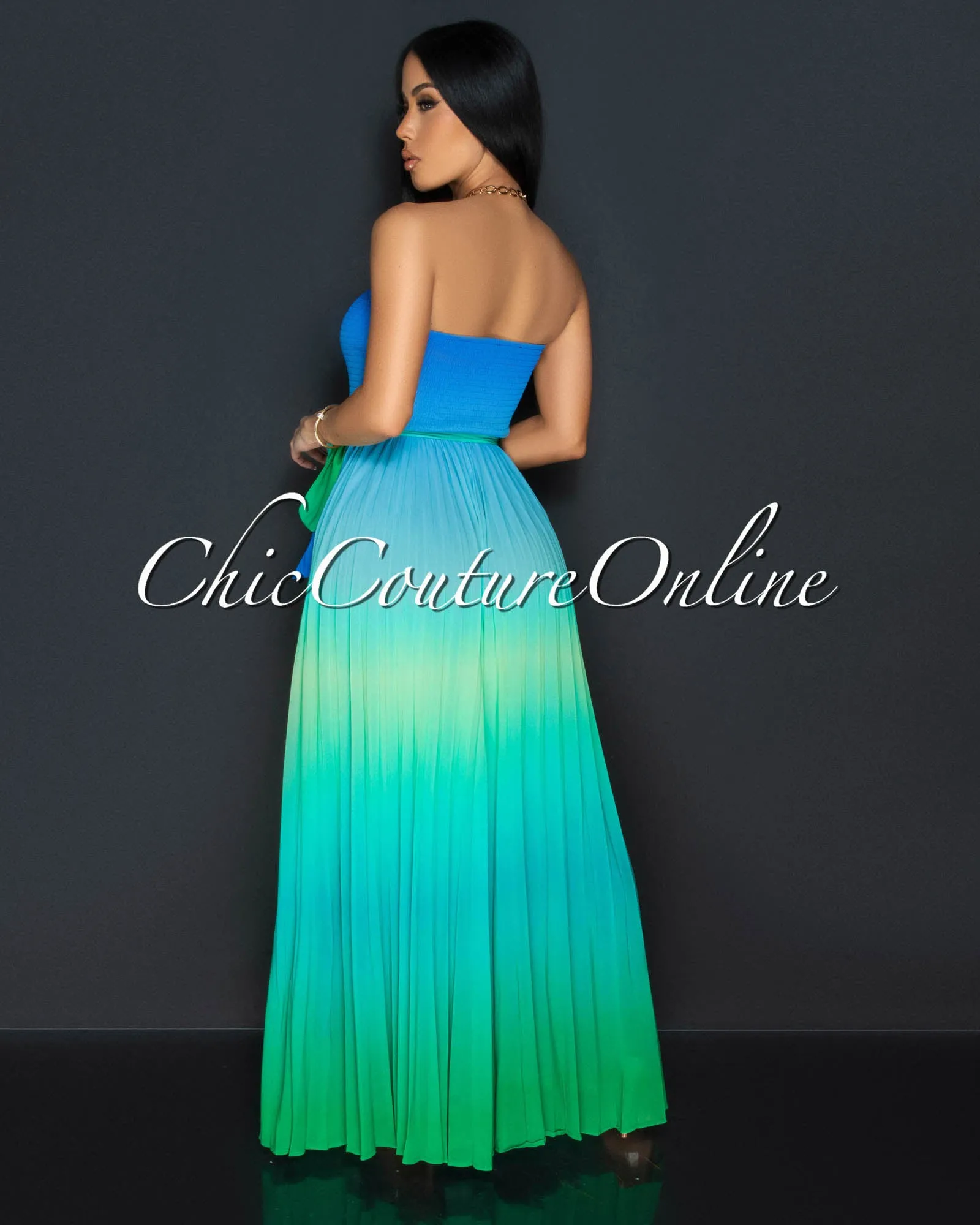 Saphira Blue Green Ombre Strapless Pleated Maxi Dress sold by Chic Couture product image thumbnail 4