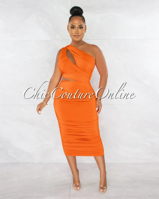 Jerrie Orange Single Shoulder Cut-Out Ruched Midi Dress sold by chic