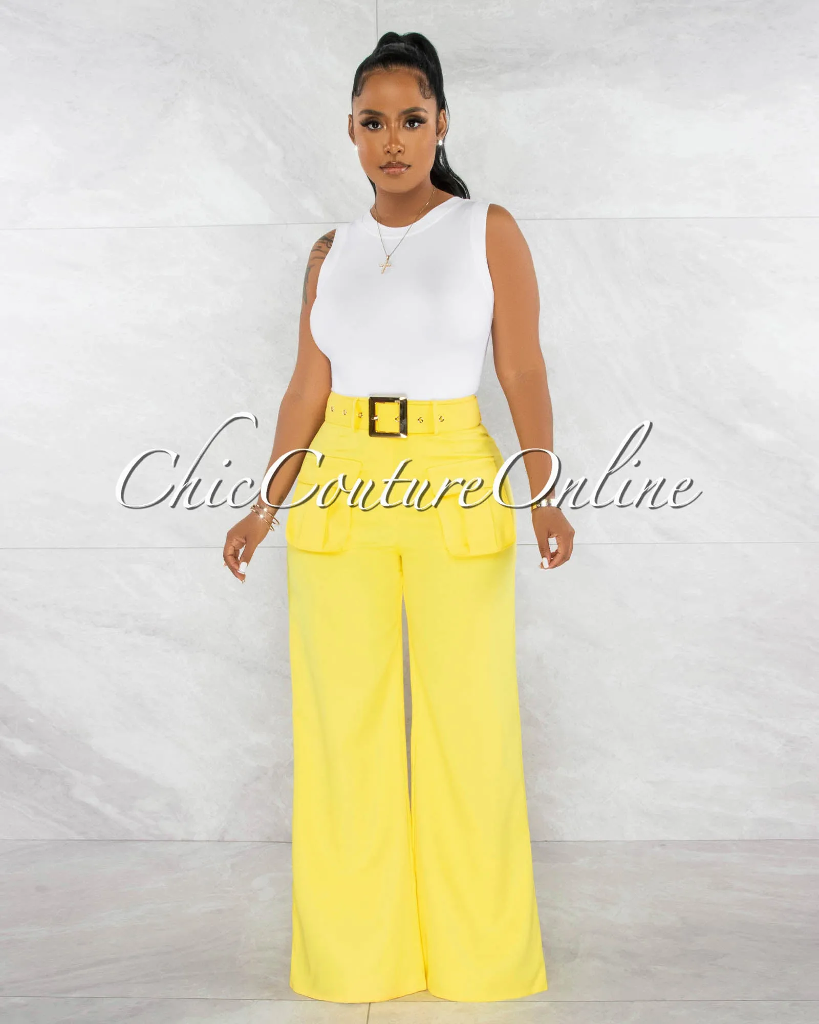 *Harsha Yellow Gold Buckle Belt Cargo Pockets Wide Pants sold by Chic Couture