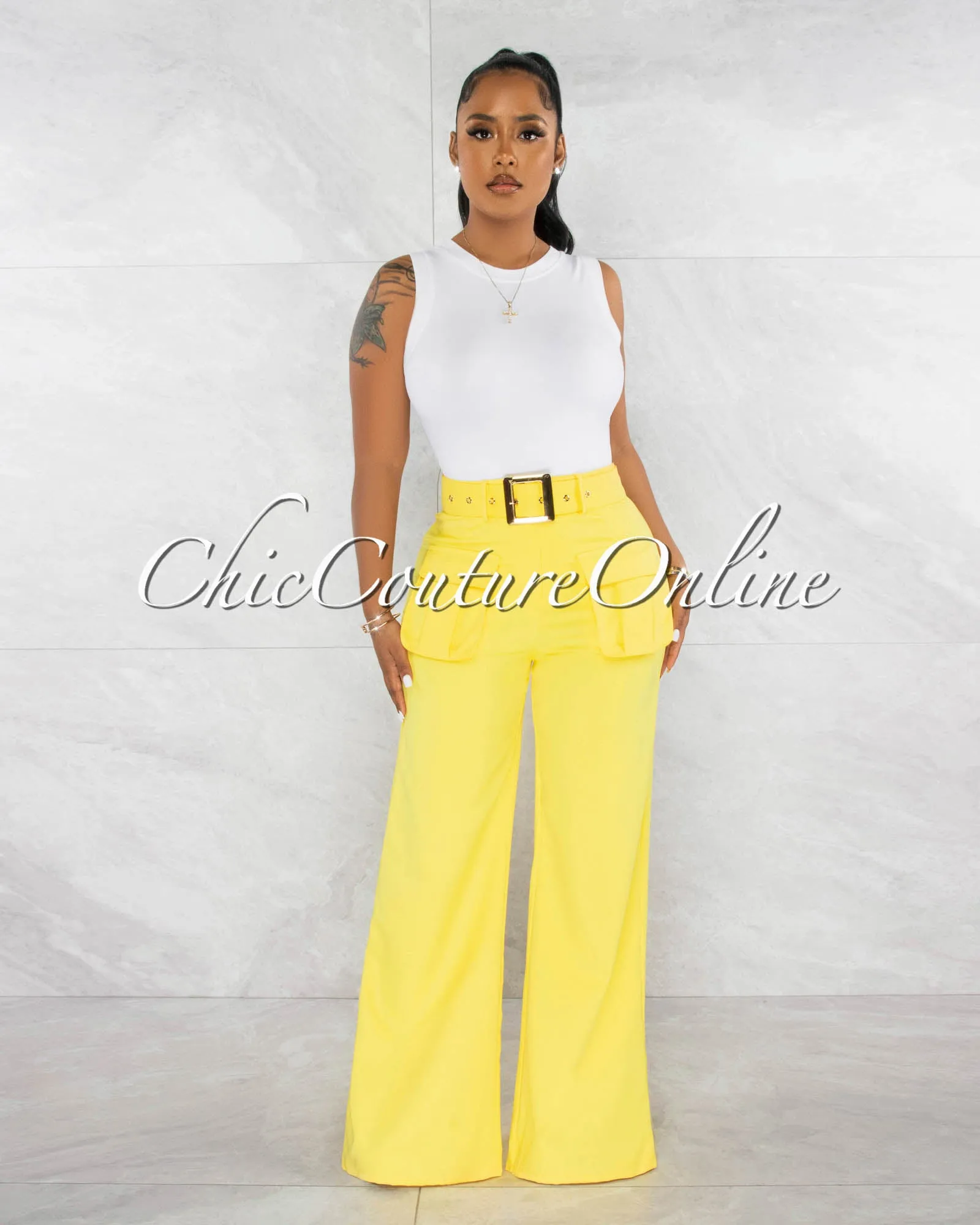 *Harsha Yellow Gold Buckle Belt Cargo Pockets Wide Pants sold by Chic Couture product image thumbnail 2